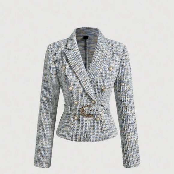 Timeless Tweed Elegance: Women's Flat Lapel Double-Breasted Blazer ✨